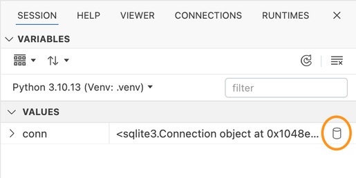 Variables Pane showing a connection object